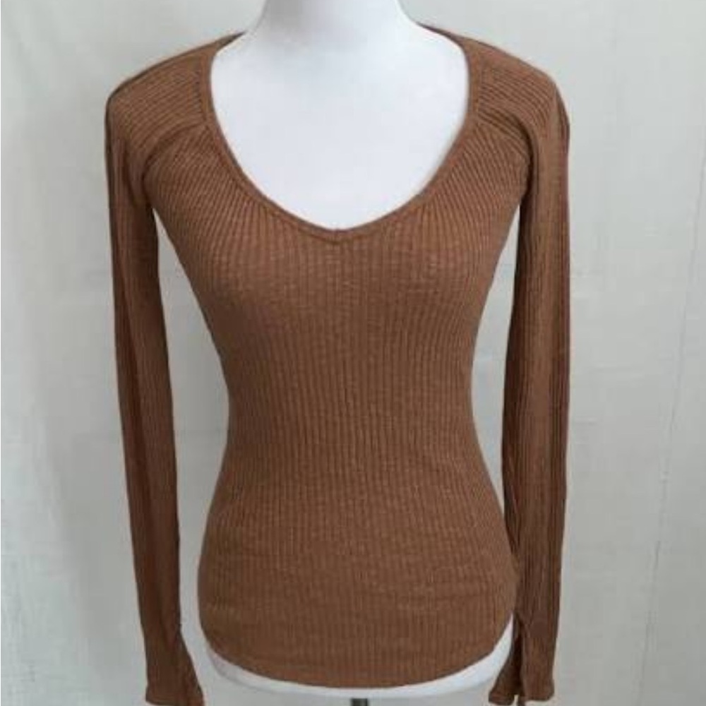 Free People Brown Ribbed Long Sleeve Top